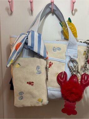 Madden Girl Tote Bag with Blue Stripes and Cream Fruit & Sea Embroidery